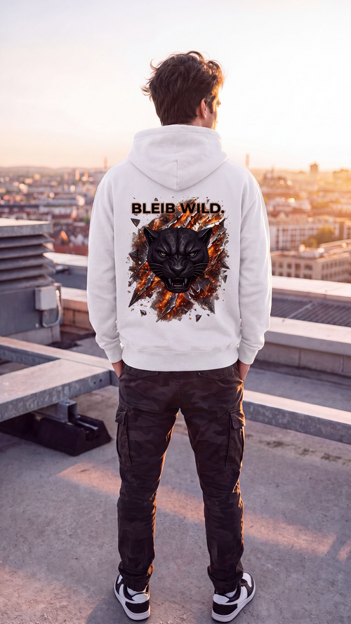 BLEIB WILD. weißer Unisex Hoodie – Rückansicht
