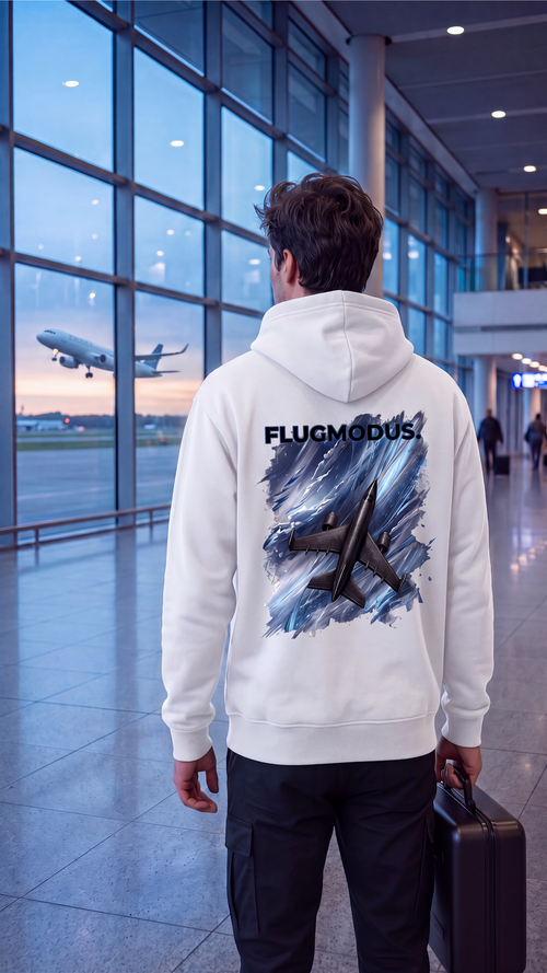 FLUGMODUS. weißer Unisex Hoodie – Rückansicht