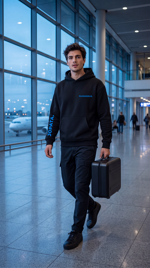 FLUGMODUS. schwarzer Unisex Hoodie – Frontansicht
