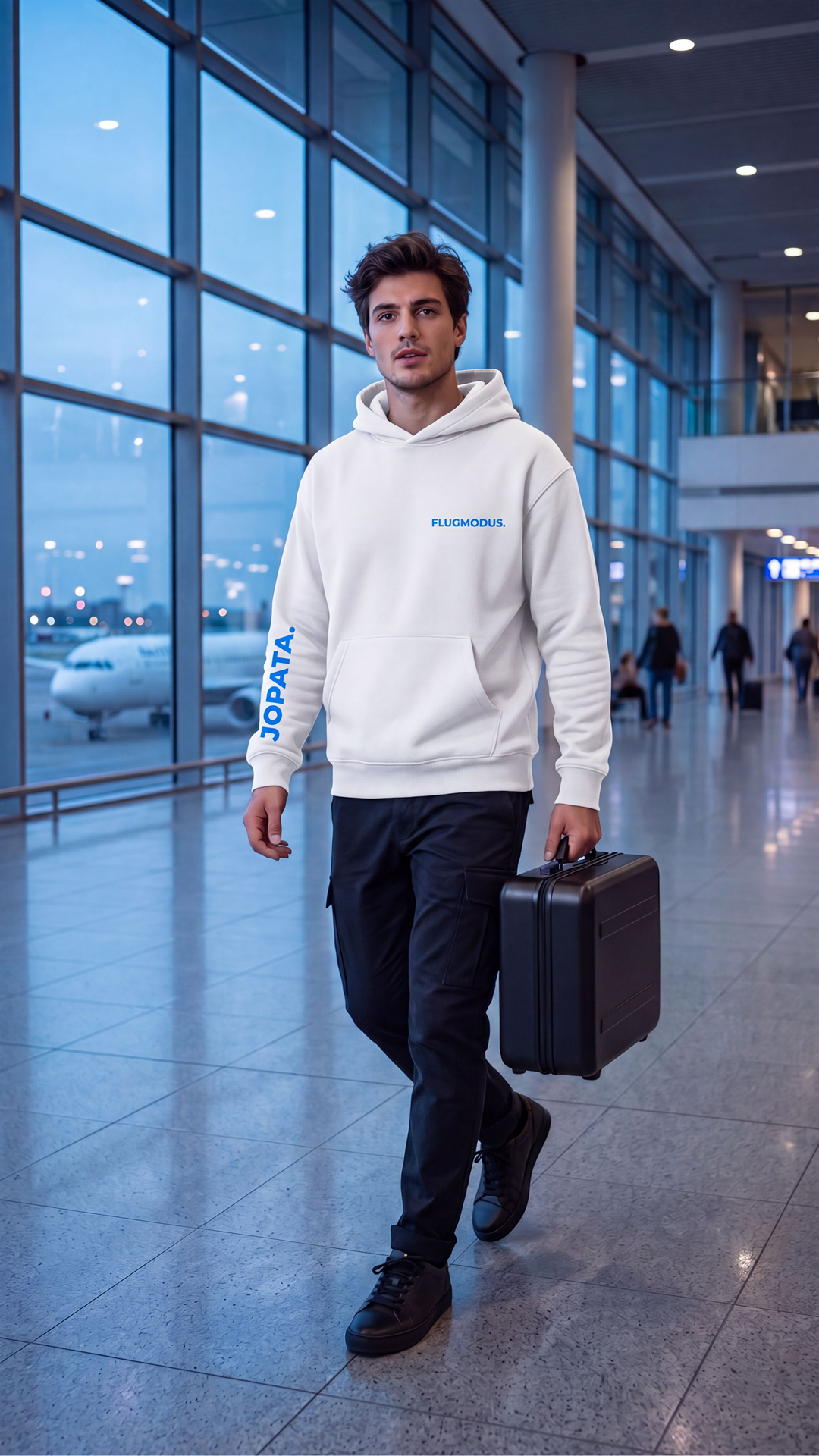 FLUGMODUS. weißer Unisex Hoodie – Frontansicht
