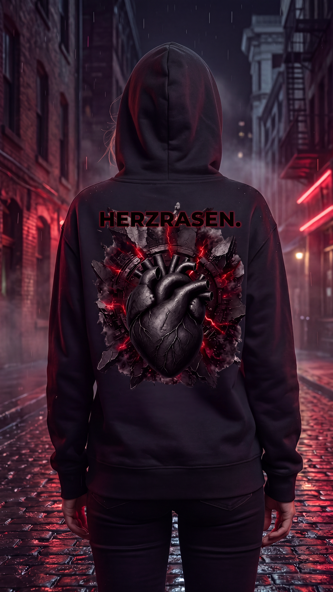 HERZRASEN. schwarzer Unisex Hoodie – Rückansicht