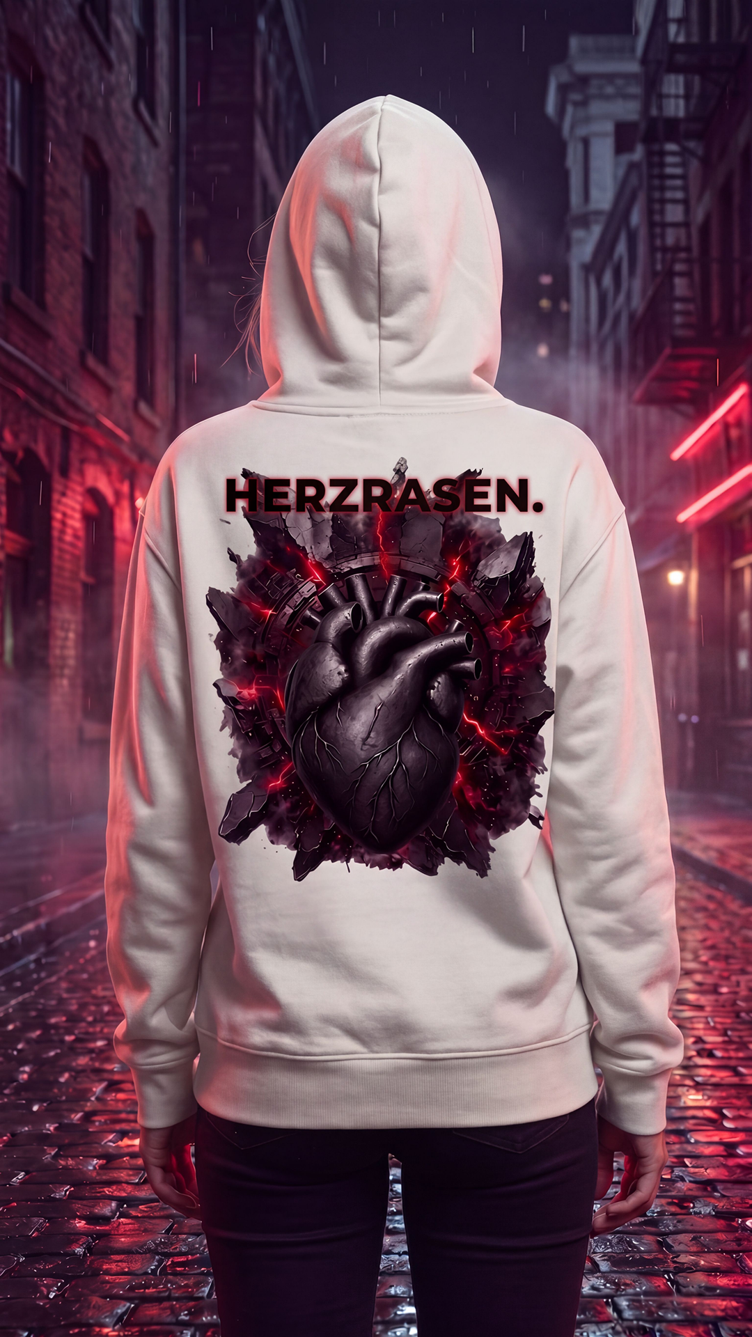 HERZRASEN. weißer Unisex Hoodie – Rückansicht