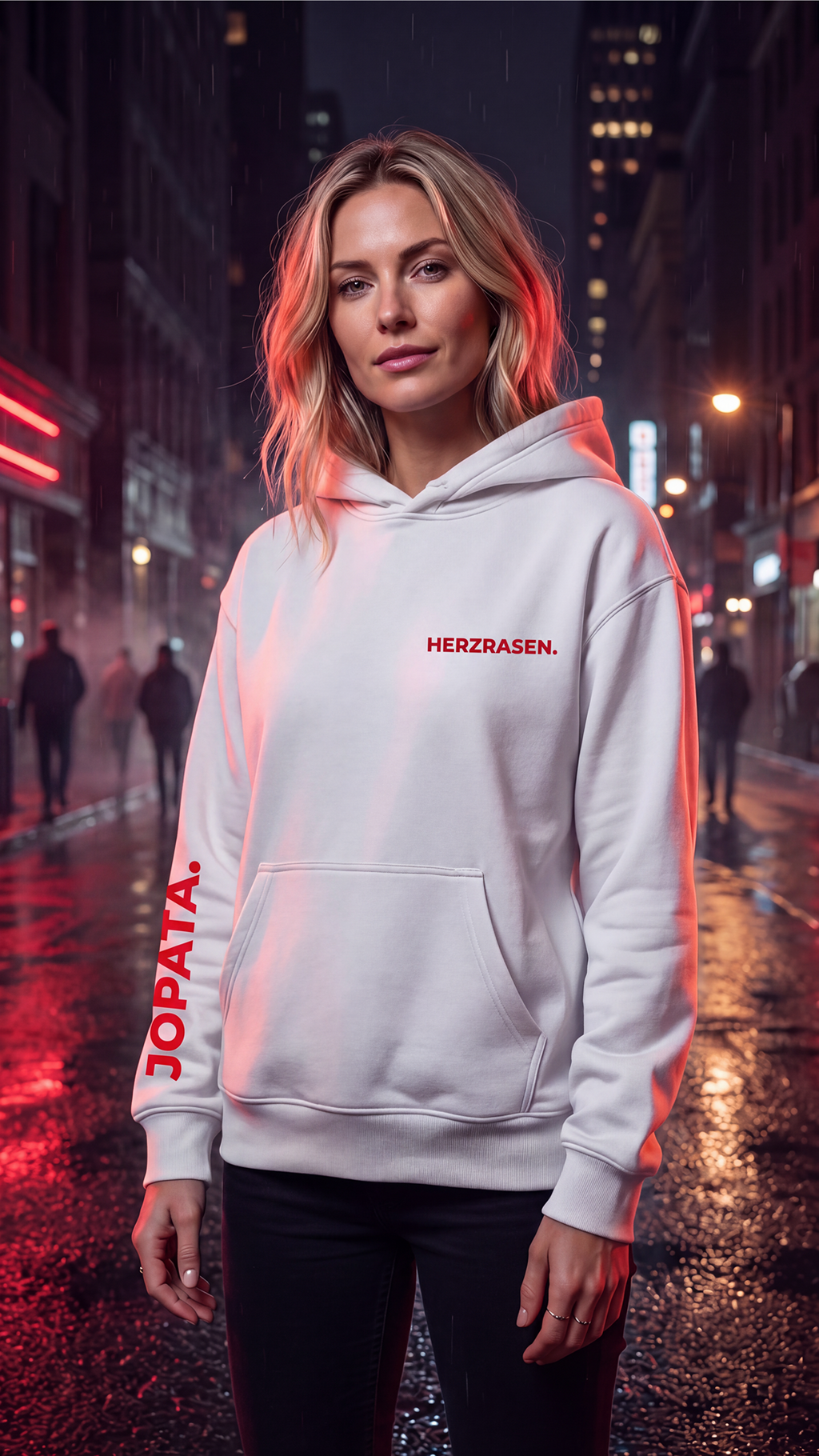 HERZRASEN. weißer Unisex Hoodie – Frontansicht