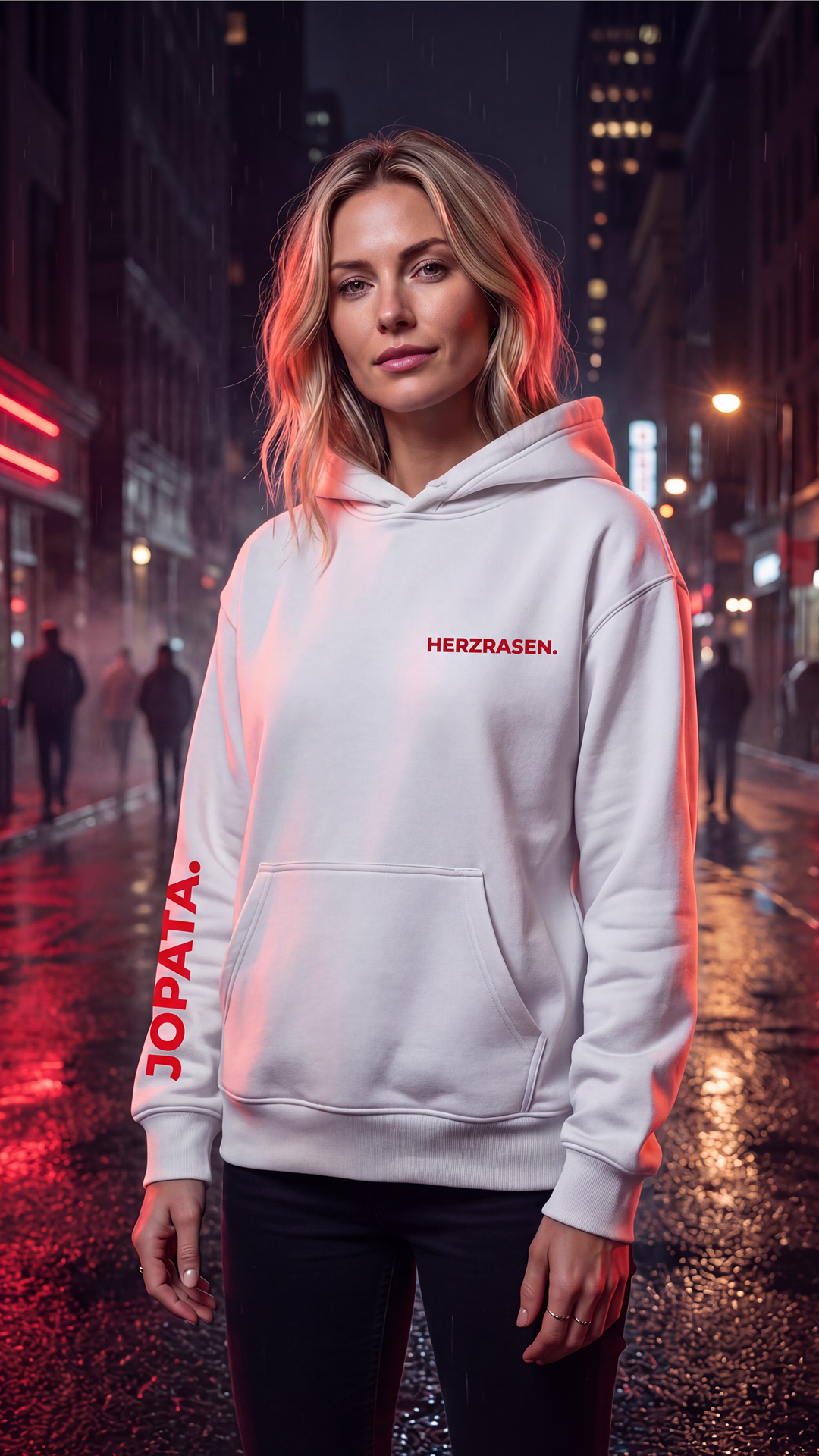 HERZRASEN. weißer Unisex Hoodie – Frontansicht
