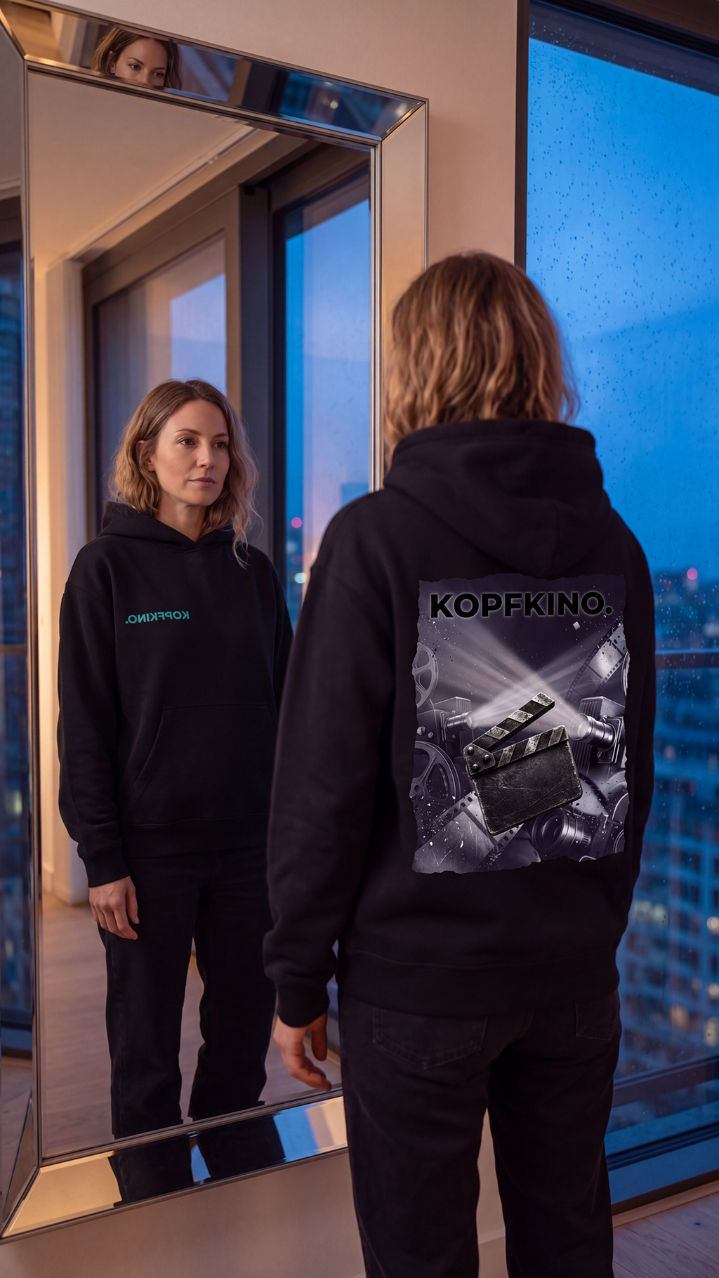 KOPFKINO. schwarzer Unisex Hoodie – Rückansicht