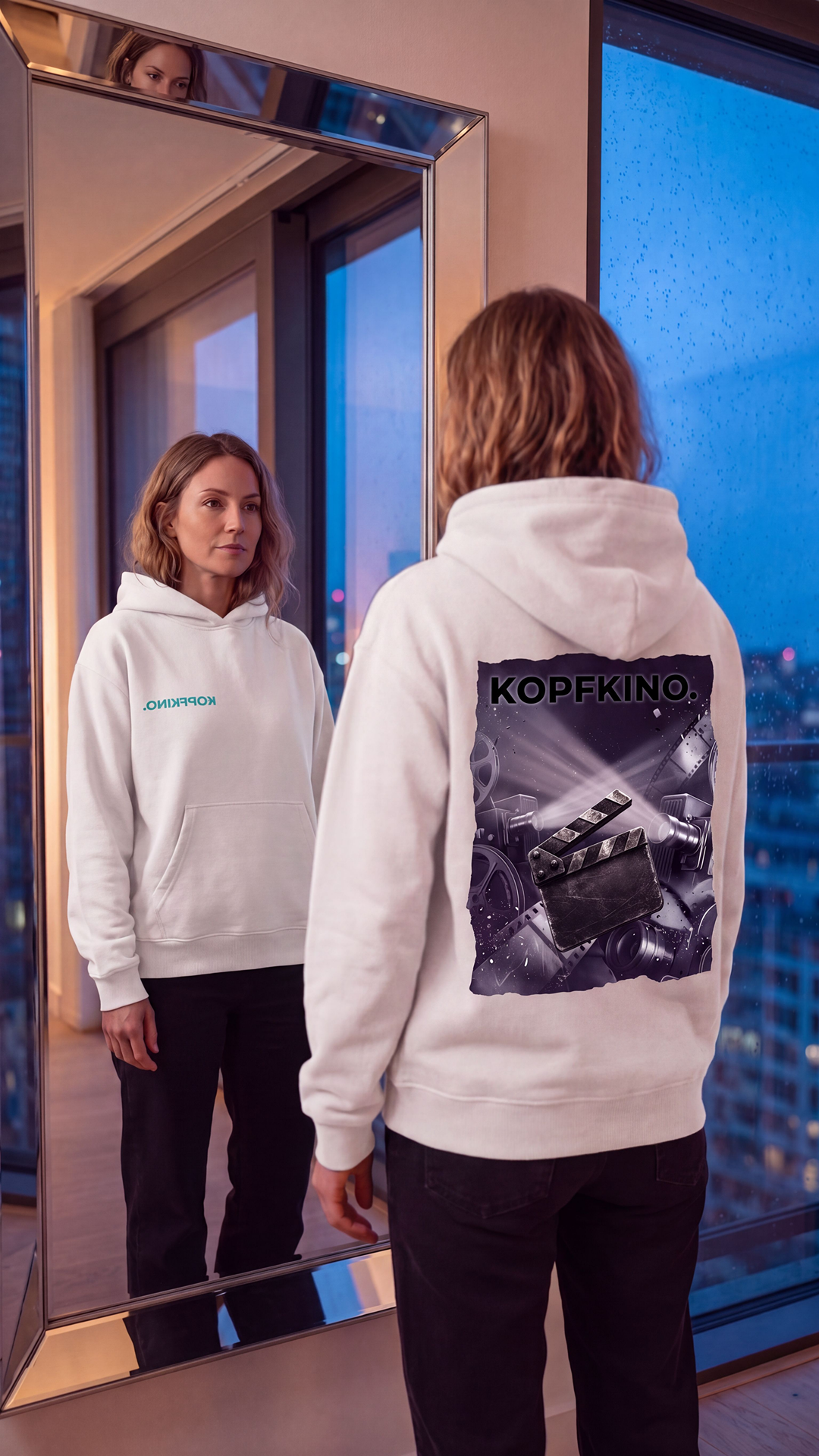 KOPFKINO. weißer Unisex Hoodie – Rückansicht