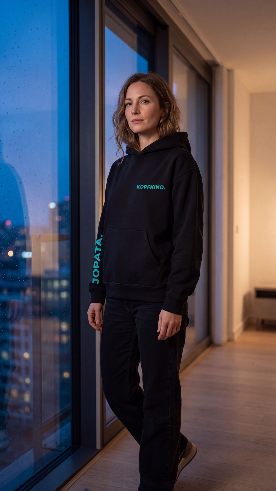 KOPFKINO. schwarzer Unisex Hoodie – Frontansicht