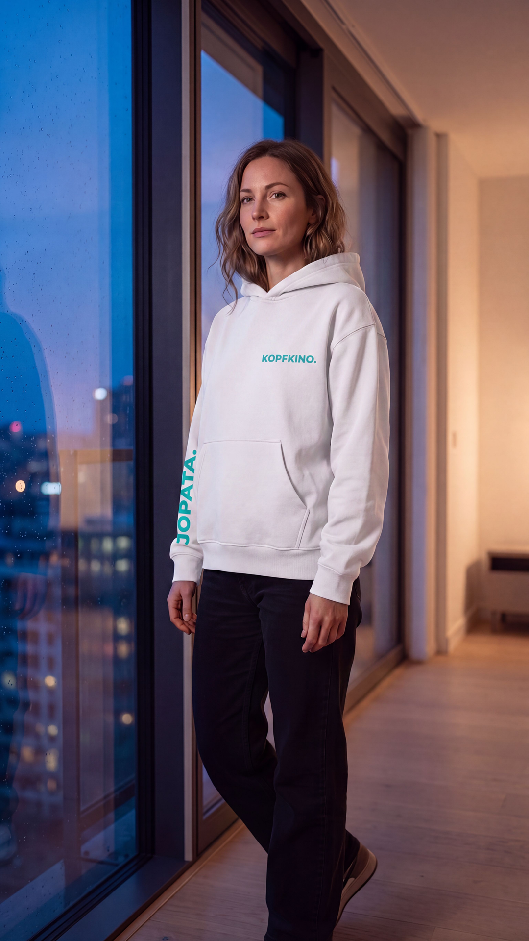 KOPFKINO. weißer Unisex Hoodie – Frontansicht