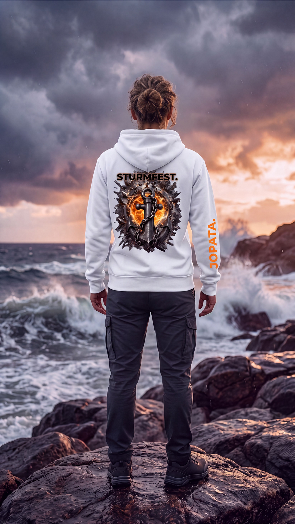 STURMFEST. weißer Unisex Hoodie – Rückansicht