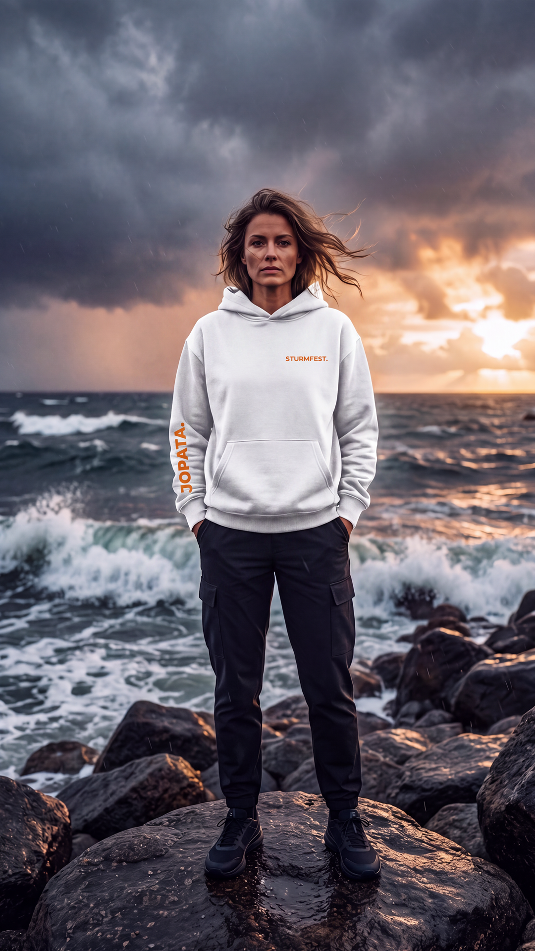 STURMFEST. weißer Unisex Hoodie – Frontansicht