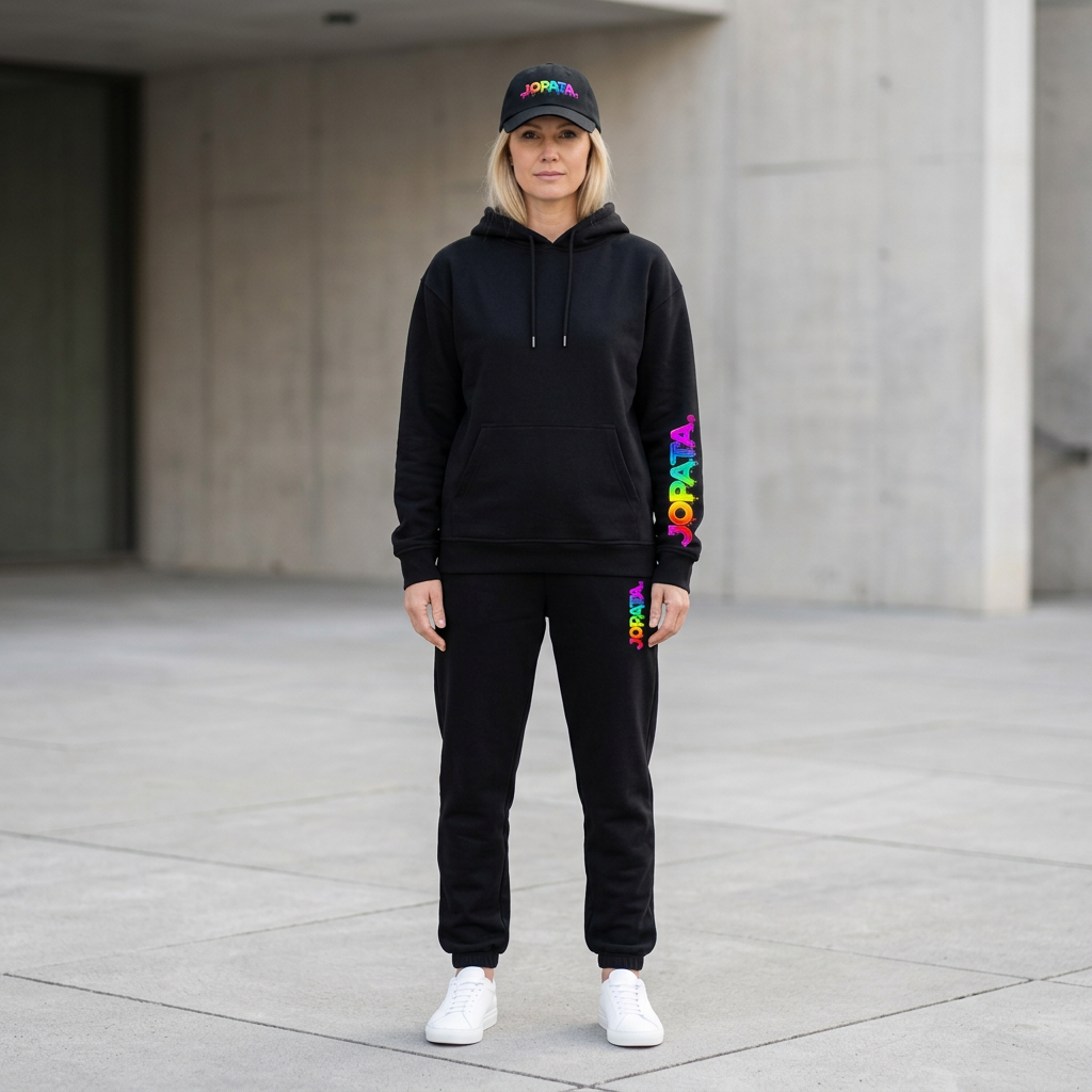 Blonde Frau im schwarzen JOPATA. Bundle mit Hoodie, Sweatpants und Cap