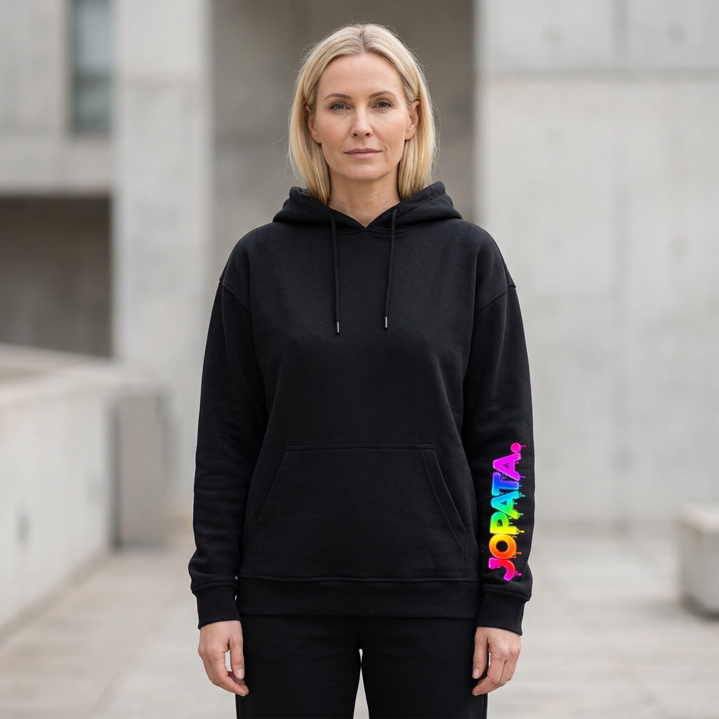 Blonde Frau im schwarzen JOPATA. Hoodie mit Neon-Logo am Ärmel