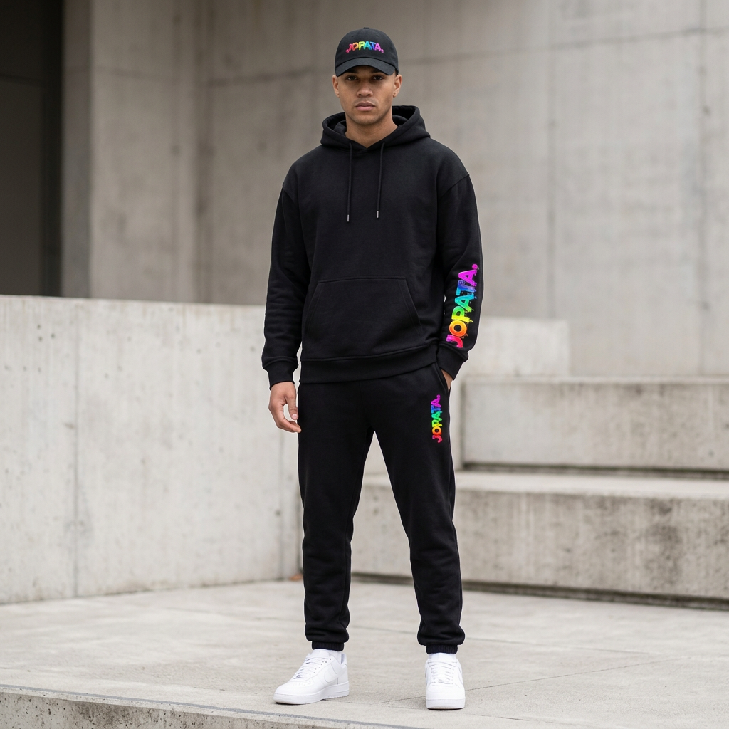 JOPATA. Bundle als getragener Lifestyle-Look mit Hoodie, Sweatpants und Cap