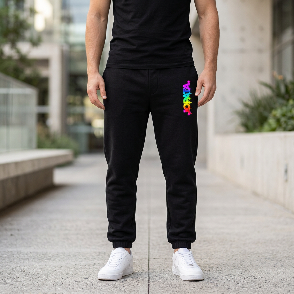 Lifestyle-Mockup der schwarzen JOPATA. Sweatpants