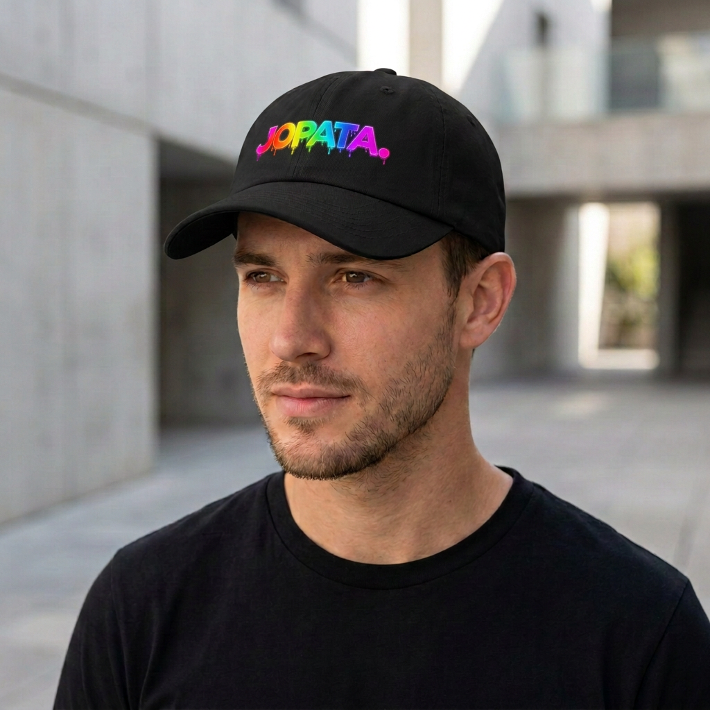 Person trägt eine schwarze JOPATA. Dad Cap mit buntem Neon-Logo vor einem urbanen Hintergrund.