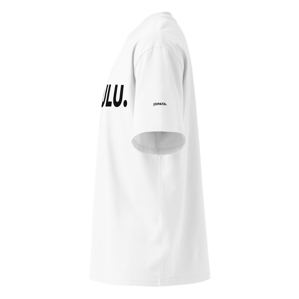 T-Shirt DELULU. weiss – Detailansicht links