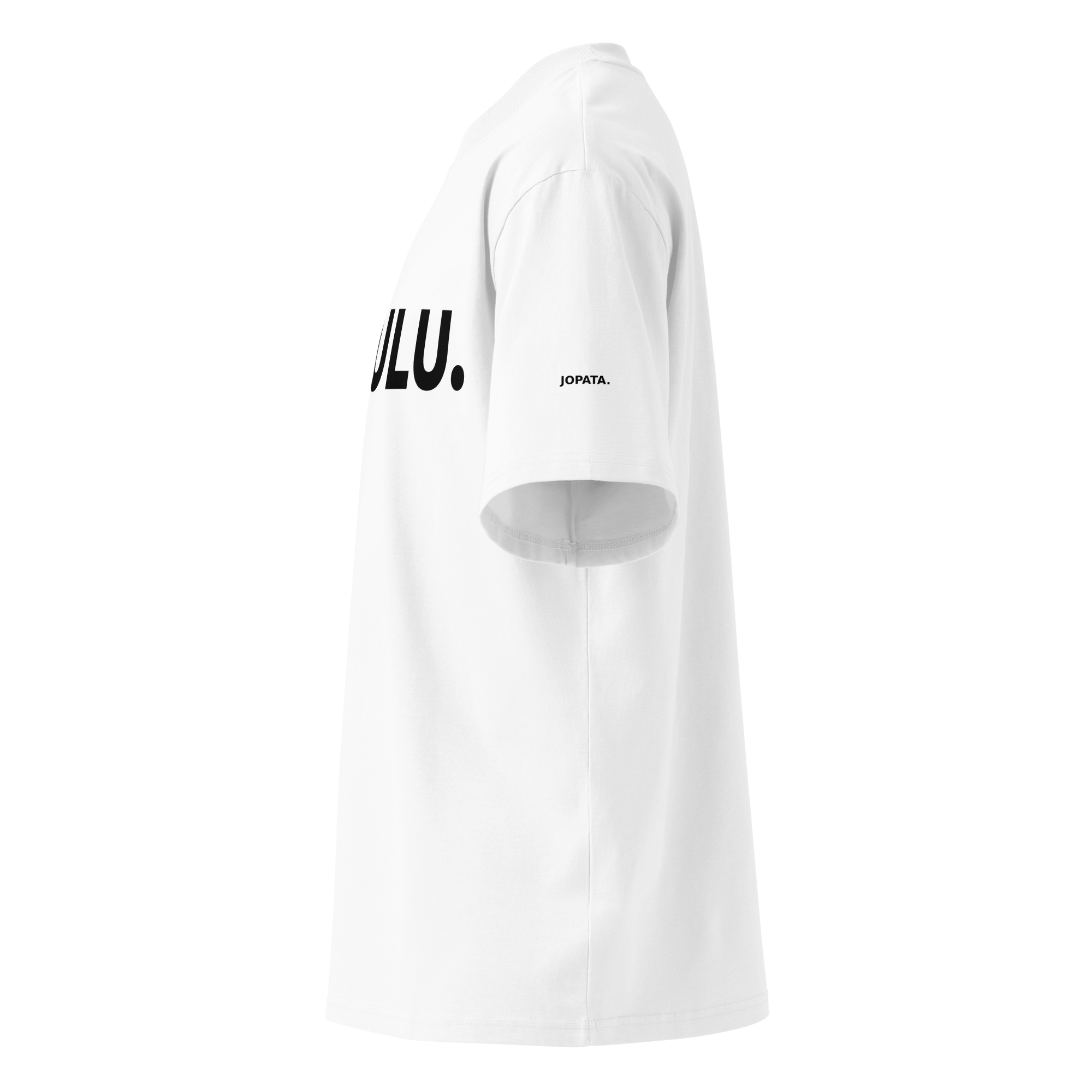 T-Shirt DELULU. weiss – Detailansicht links