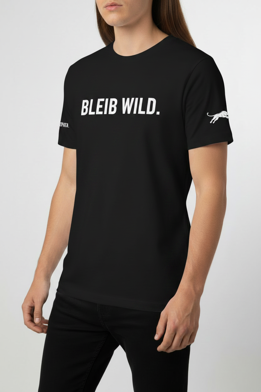 Unisex T-Shirt BLEIB WILD. schwarz Frau