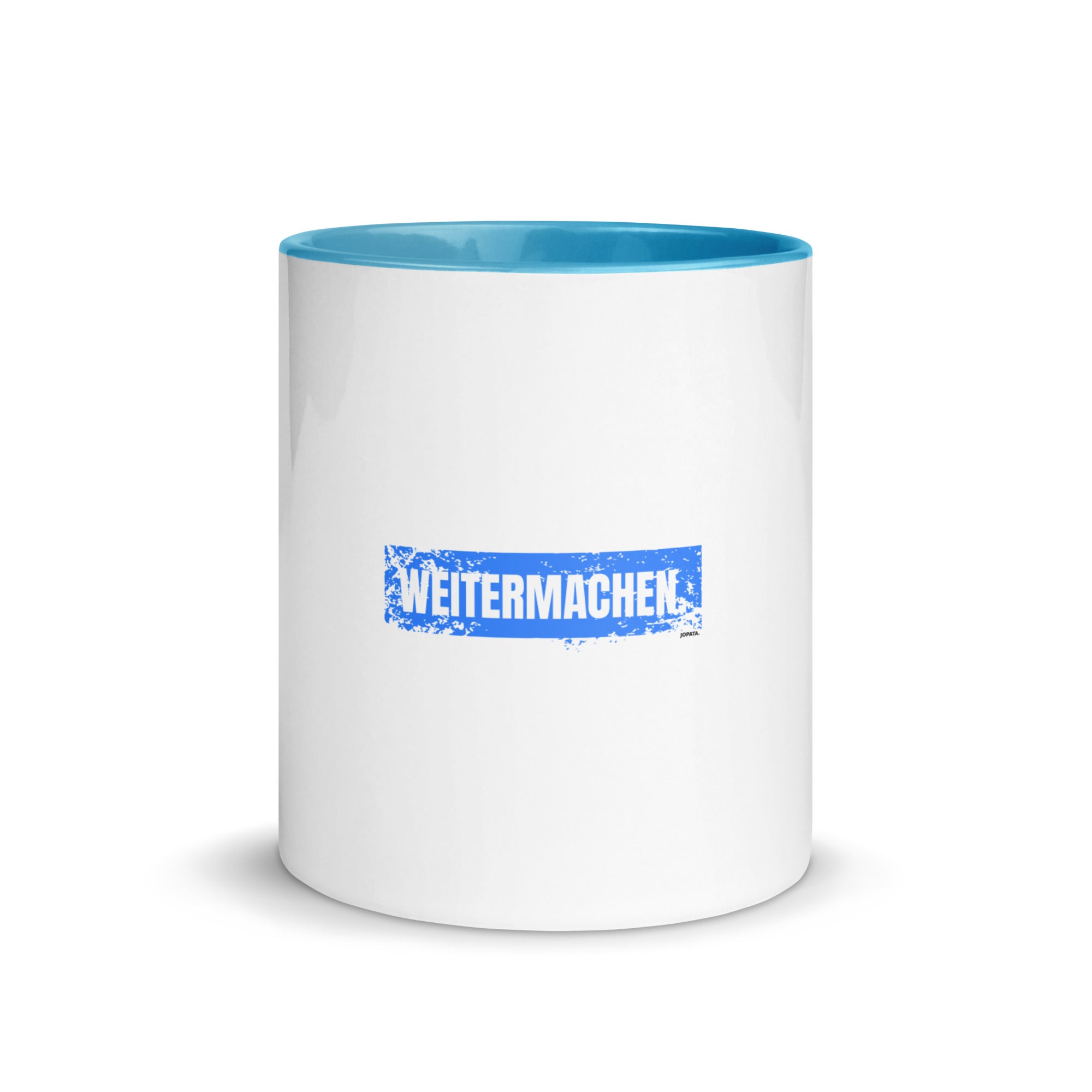 Tasse WEITERMACHEN – weiss blau Keramiktasse mit Motivationsspruch